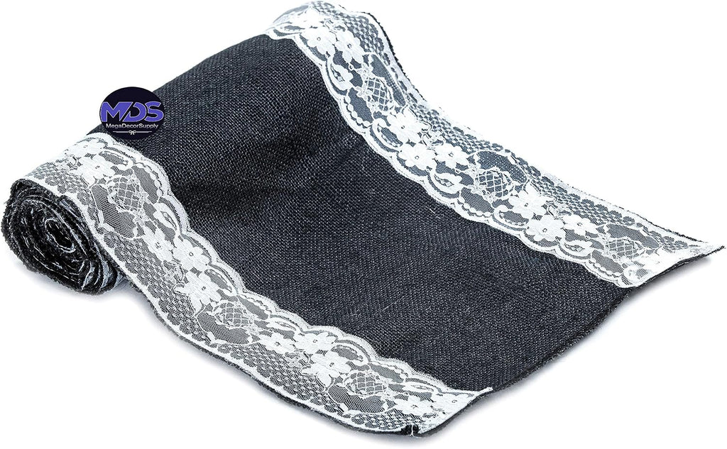 MDS Pack of 15 Wedding 12 x 108 inch Burlap Lace Hessian Table Runner Rustic Black Jute Country Vintage for Wedding Banquet Decoration – Black Lace Jute Burlap
