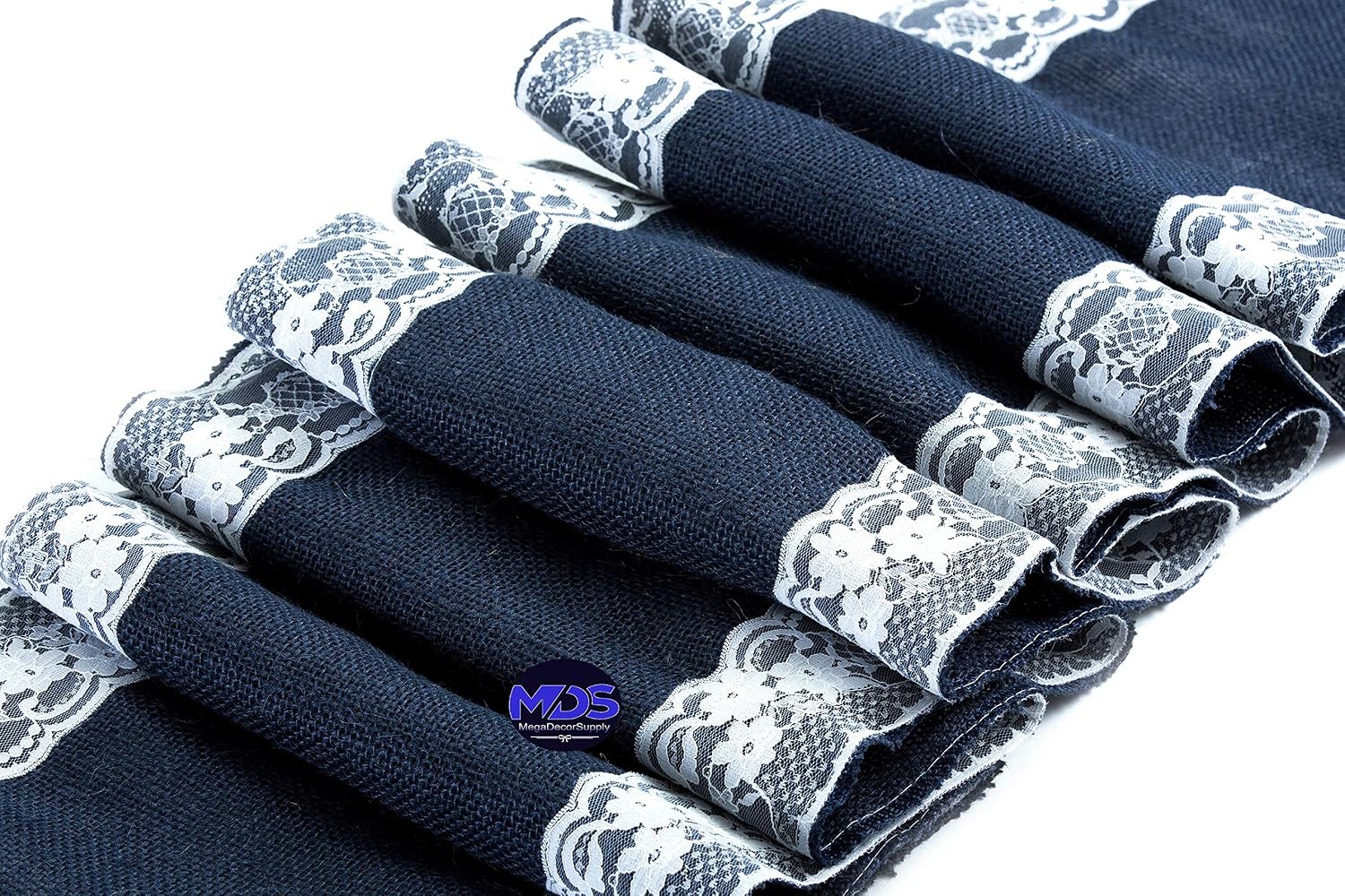 MDS Pack of 15 Wedding 12 x 108 inch Burlap Lace Hessian Table Runner Rustic Navy Blue Jute Country Vintage for Wedding Banquet Decoration – Navy Blue Lace Jute Burlap
