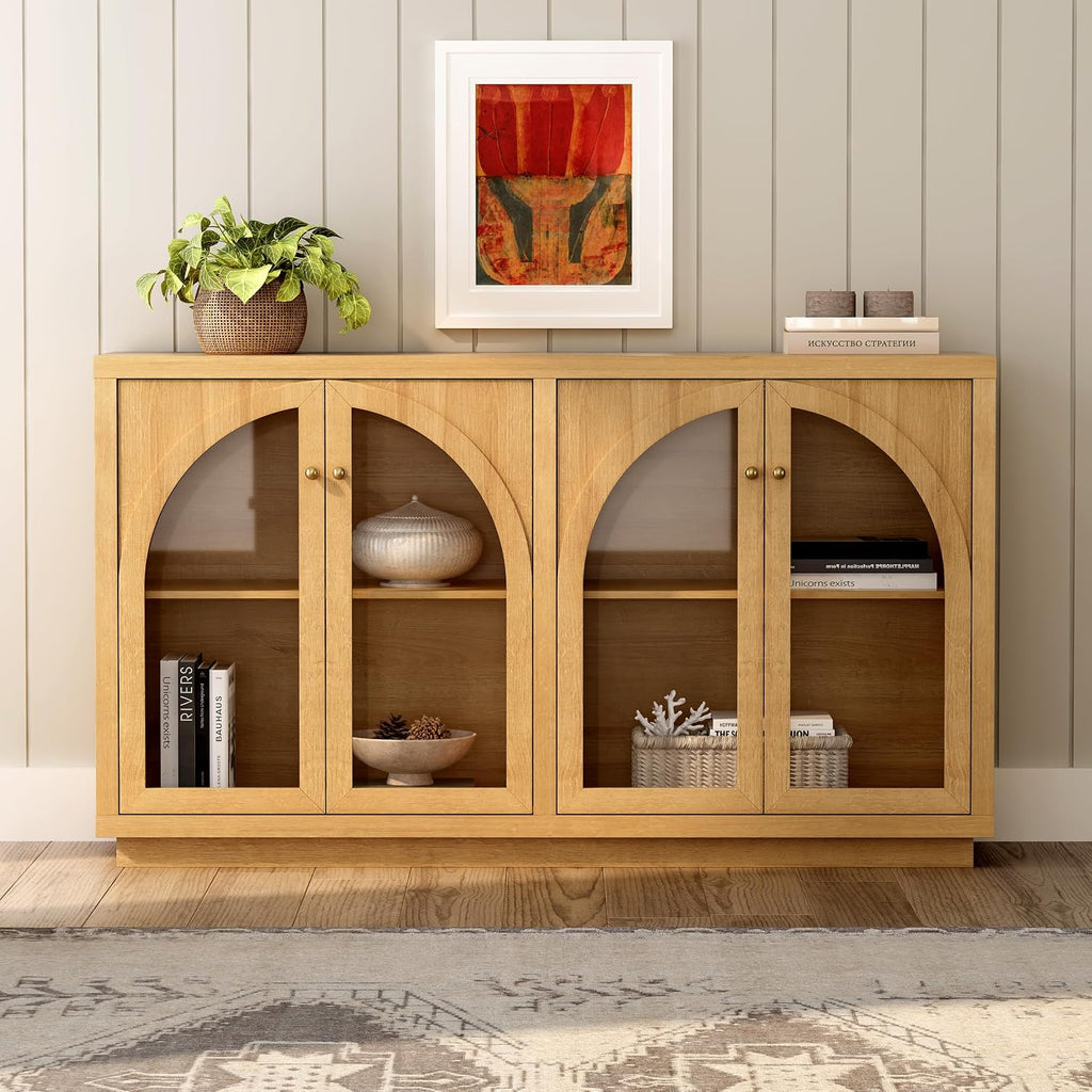 EYYTHUNG Storage Cabinet with 4 Doors, Arched Sideboard Buffet Cabinet with Adjustable Shelves, Accent Display Cabinet with Acrylic Door for Living Room, Entryway, Dining Room, Natural Oak