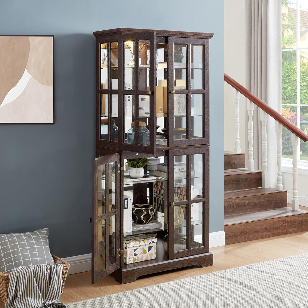 KEIKI Curio Display Cabinet, 68.7' H Lighted Glass Display Cabinet, w/ 4 Glass Doors & Adjustable Shelves, Vintage Showcase with E26 Bulb for Home or Office, Cherry