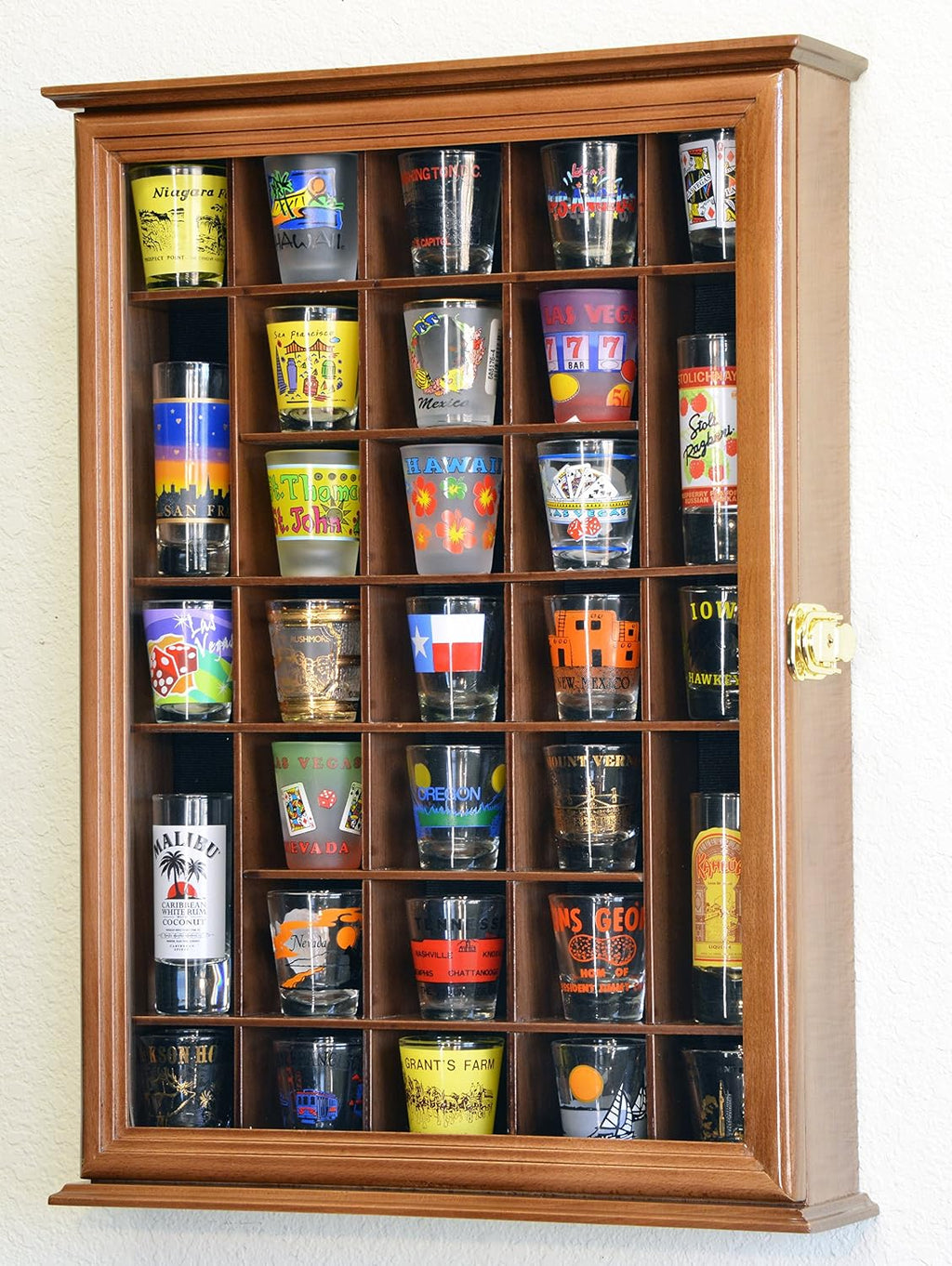 sfDisplay.com,LLC. 31 Shot Glass Shotglass Shooter Display Case Holder Cabinet Wall Rack -Walnut