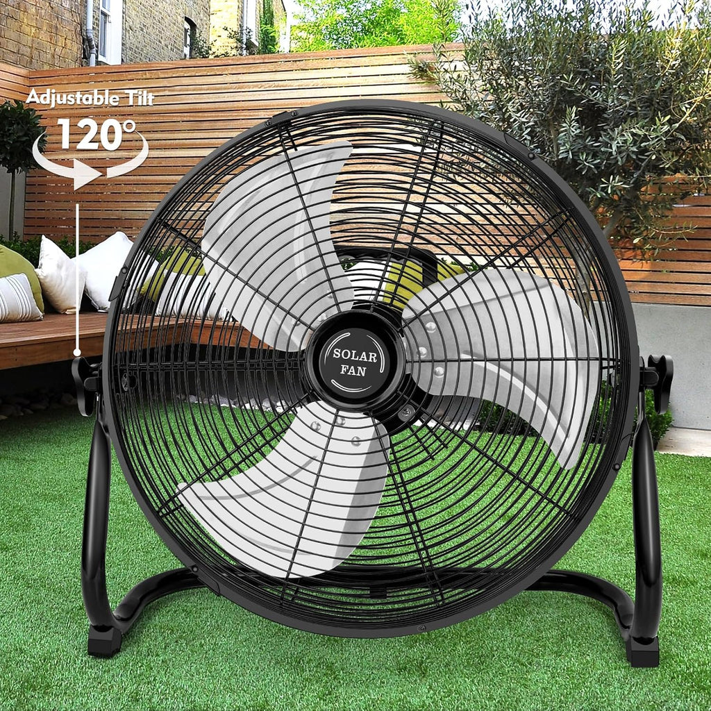 DBF 16' Solar Powered Fan Outdoor - Rechargeable 20000mAh Battery Cordless Floor Fan with 30W Solar Panel & AC Charging, High Velocity Metal Industrial Fans Portable for Outside Home Camping Patio