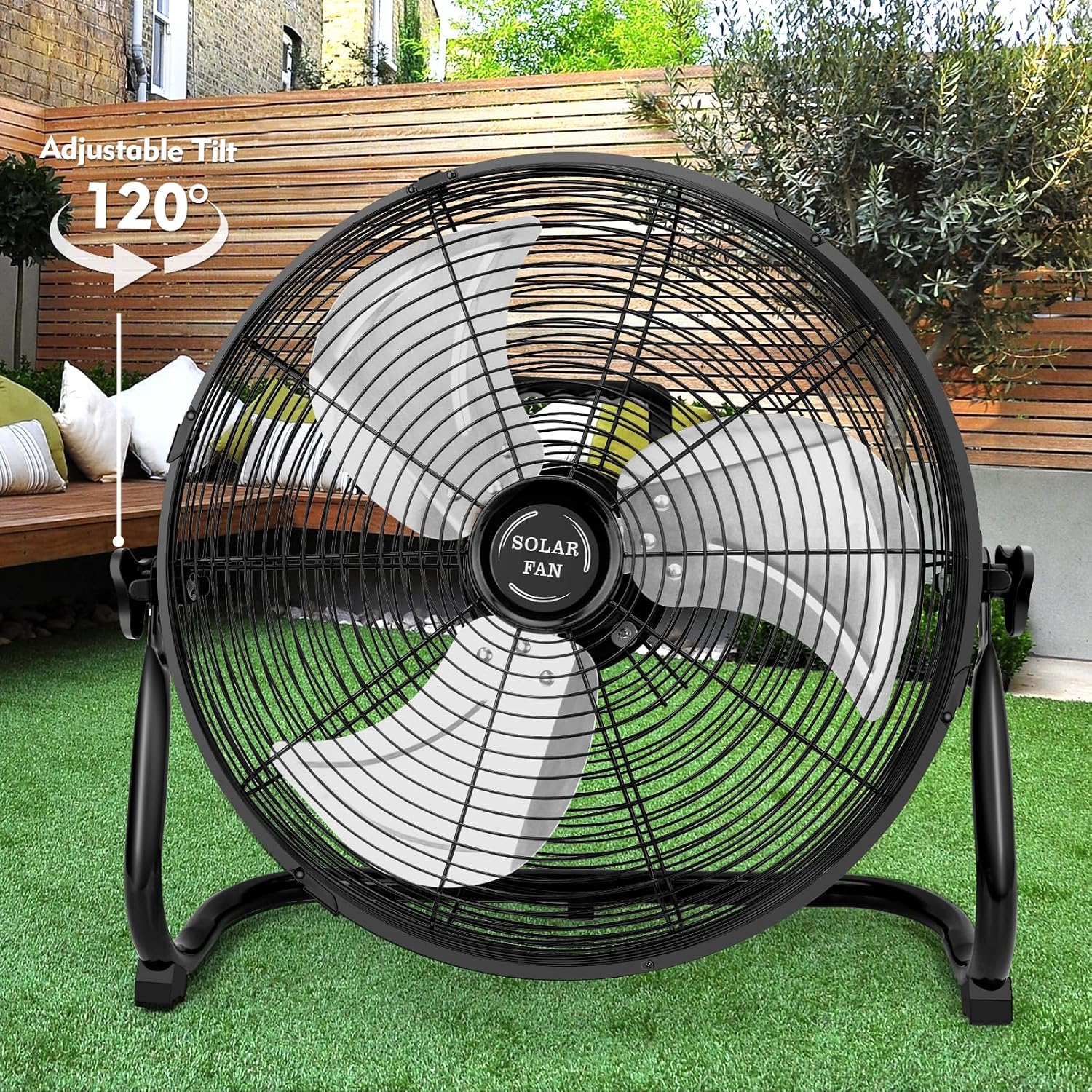 DBF 16' Solar Powered Fan Outdoor - Rechargeable 20000mAh Battery Cordless Floor Fan with 30W Solar Panel & AC Charging, High Velocity Metal Industrial Fans Portable for Outside Home Camping Patio