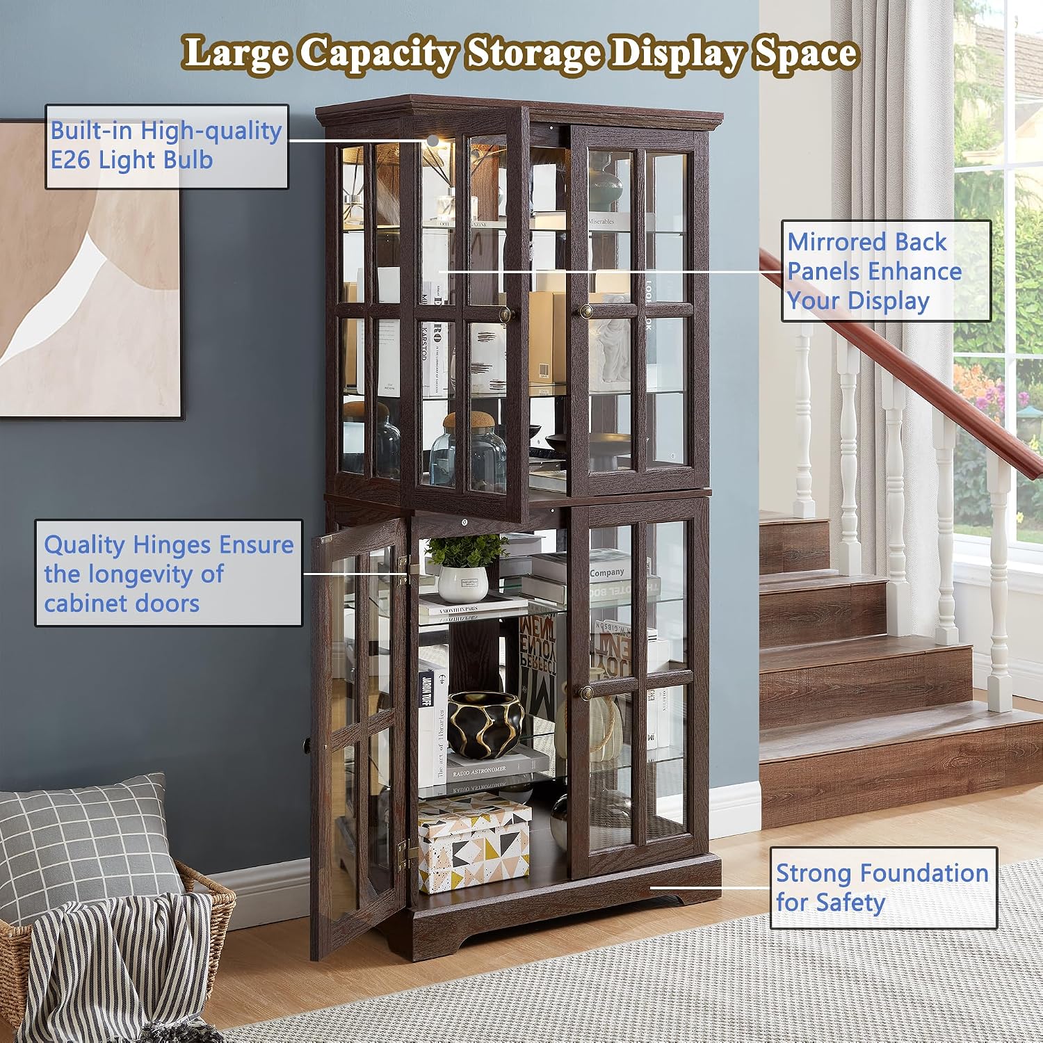 68' H Lighted Curio Display Cabinet Display Case,Wooden Glass Cabinet w/ 4 Glass Doors & Adjustable Shelves, 6 Tier Vintage Accent Storage Case w/Mirrored Back Pane for Home (Cherry)