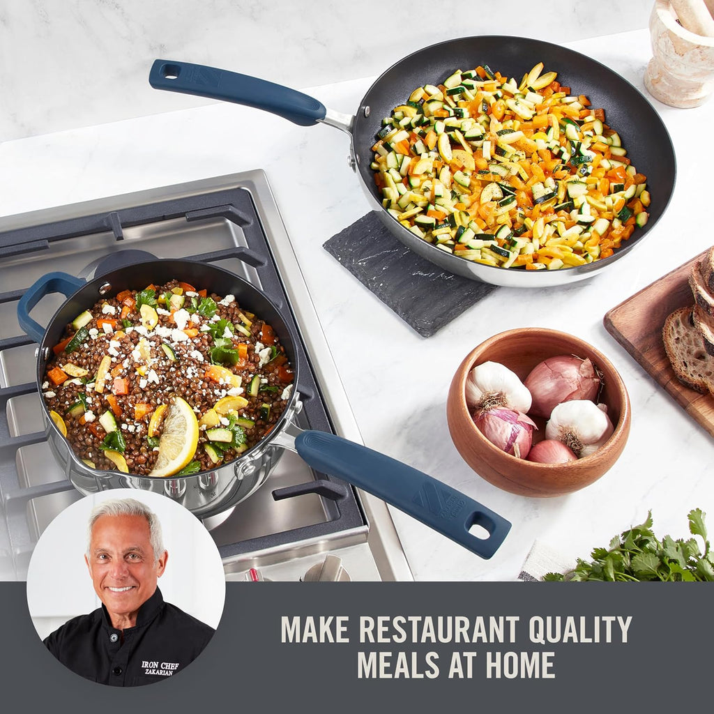 Zakarian x Dash TruPro® Stainless Steel Cookware Set - Rust-Resistant, Nonstick Cookware Set for Everyday Cooking - Straining Lid with Stackable Lids and Heat Resistant Handles - Blue, 10-Piece Set