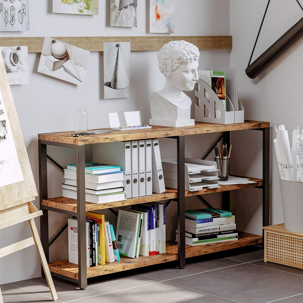 IRONCK Bookshelf Double Wide 55 in 3-Tier, Industrial Bookcases, Wood and Metal Bookshelves, Book Shelves for Home Office Decor Display
