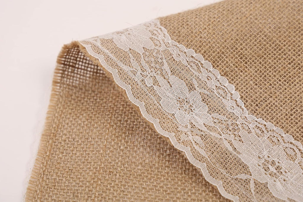 AK TRADING CO. 40' Wide Natural Burlap Wedding Aisle Runner with Ivory Lace - 40' Wide x 100 feet Long