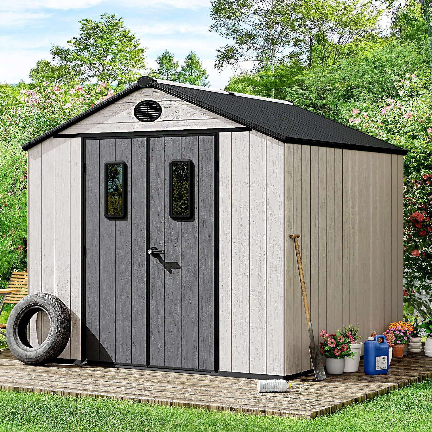 8 x 8 FT Plastic Outdoor Storage Shed with Floor,Garden Resin Shed with Window and Lockable Door, Outside Sheds for Bike, Garbage Can, Tool