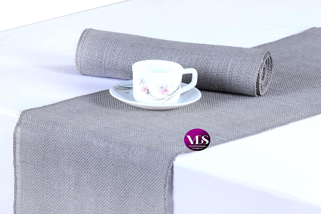 VDS Pack of 25, Burlap Table Runner 100% Natural Jute Rustic Hessian Table Cloth Centrepiece for Wedding Bridal Shower Birthday Event Party Banquet Table Decoration (Size 12X108 Inch)(Silver Grey)