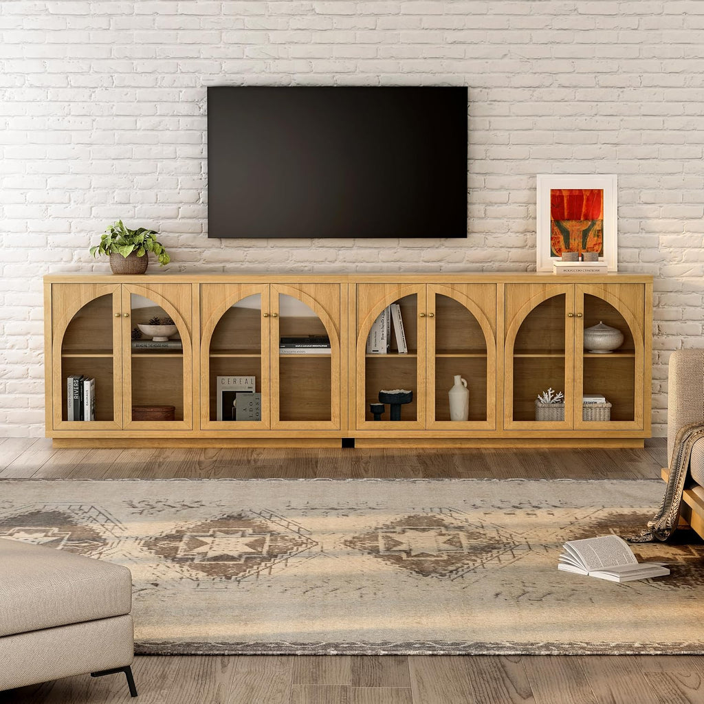 EYYTHUNG Arched Storage Cabinet with 4 Doors Set of 2, Sideboard Buffet Cabinet with Adjustable Shelves and Acrylic Door, Accent Display Cabinet for Living Room, Entryway, Dining Room, Natural Oak
