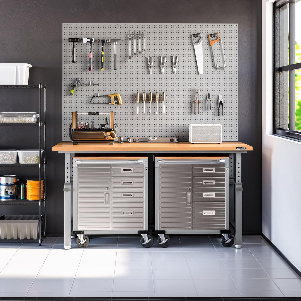 Seville Classics UltraHD Heavy Duty Rolling Cabinet Workbench Table w/Solid Wood Top, Workstation for Garage, Office, Workshop, Granite, 1-Door, 4-Drawer (28' W x 25' D)
