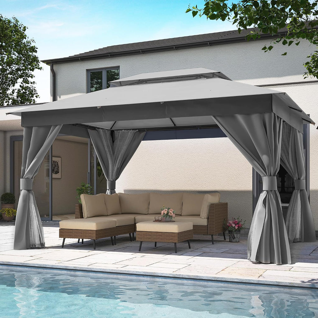 LAUSAINT HOME Patio Gazebo 10'x13', Outdoor Heavy Duty Party Tent Shelter with Double Roofs, Mosquito Nettings and Privacy Screens for Backyard, Garden, Lawn, Gray