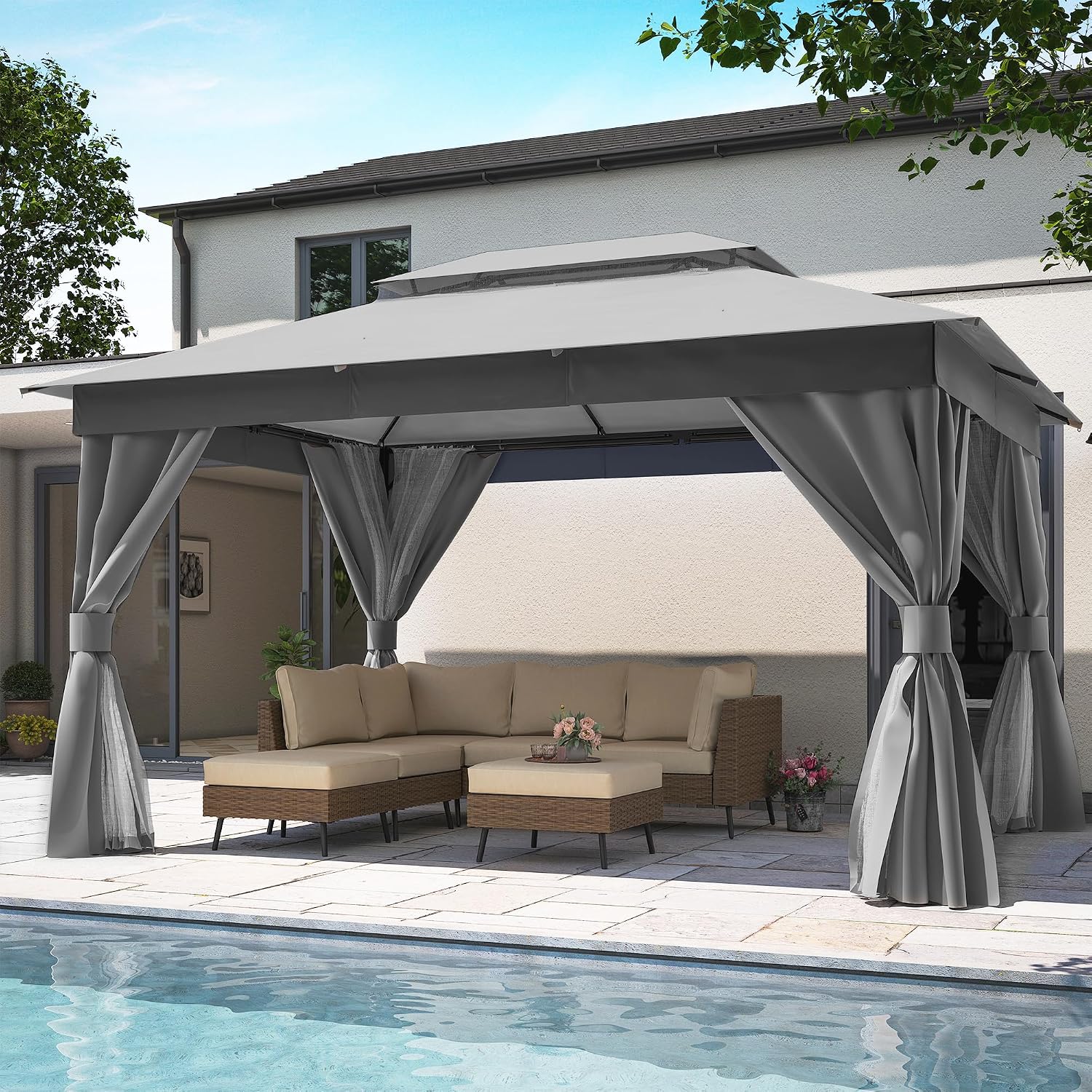 LAUSAINT HOME Patio Gazebo 10'x13', Outdoor Heavy Duty Party Tent Shelter with Double Roofs, Mosquito Nettings and Privacy Screens for Backyard, Garden, Lawn, Gray