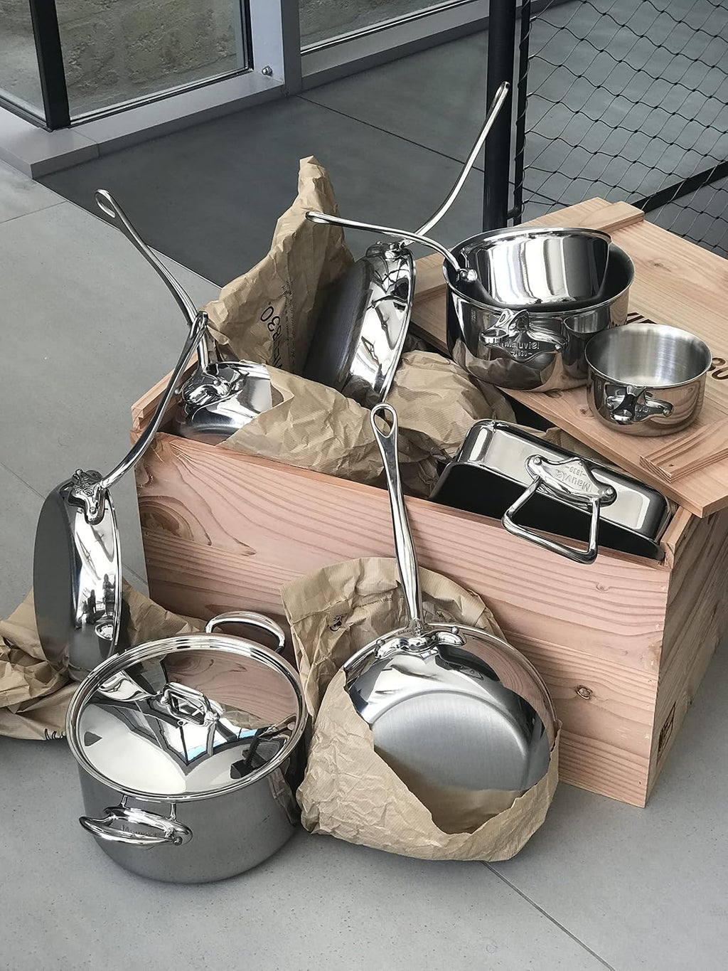 Mauviel M'Cook 5-Ply Polished Stainless Steel 2-Piece Frying Pan Set With Cast Stainless Steel Handles, Made In France
