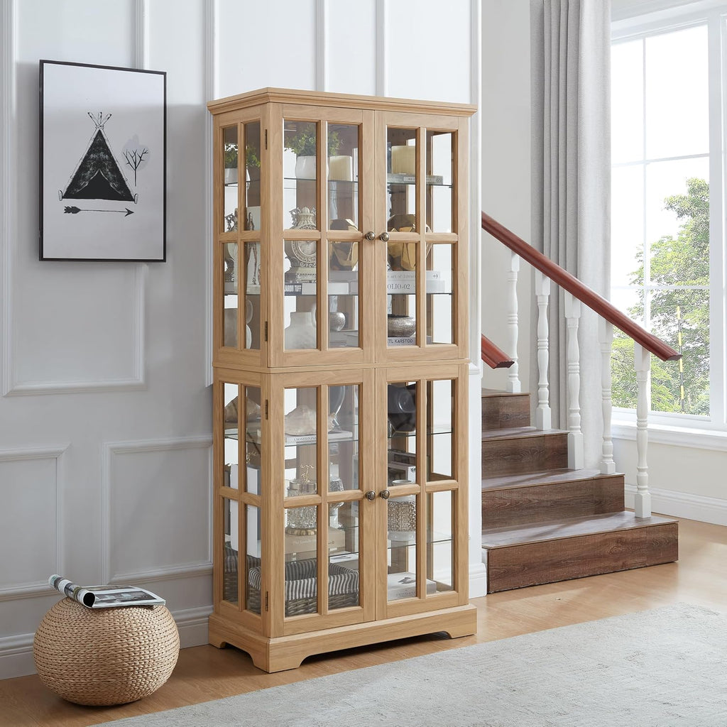 KEIKI Curio Display Cabinet, 68.7' H Lighted Glass Display Cabinet, w/ 4 Glass Doors & Adjustable Shelves, Vintage Showcase with E26 Bulb for Home or Office, Oak