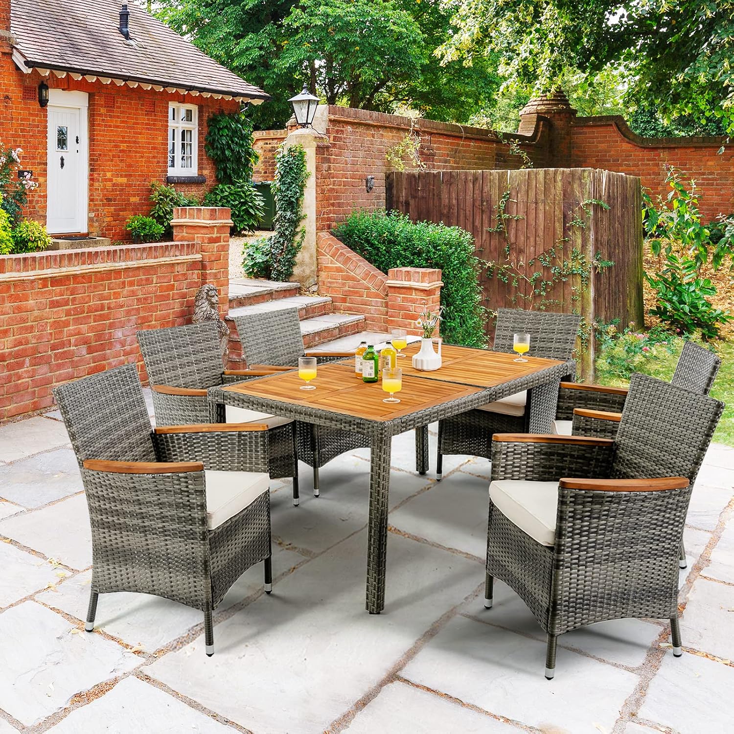 Tangkula 7 Pieces Outdoor Dining Furniture Set, Patio Rattan Conversation Set with Spacious Acacia Wood Table, 6 Chairs with Widened Armrests, Non-slip Foot Pads, Suitable for Backyard Poolside (Grey)