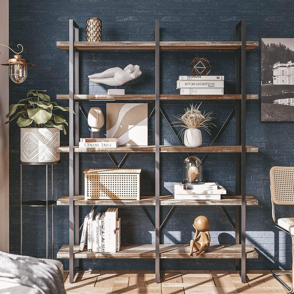 IRONCK Bookshelf, Double Wide 5-Tier Open Bookcase Vintage Industrial Large Shelves, Wood and Metal Etagere Bookshelves, for Home Decor Display, Office Furniture, 13D x 53.1W x 70H in