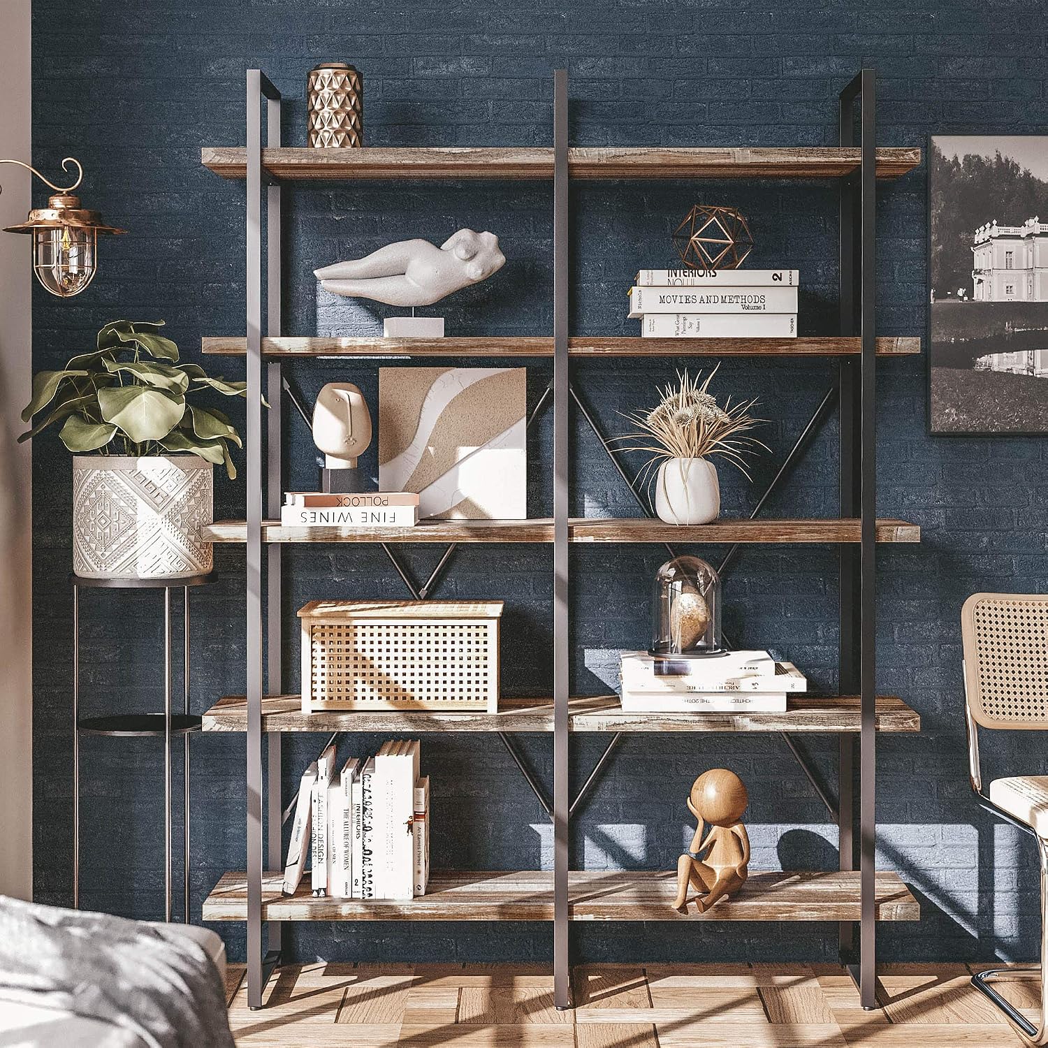 IRONCK Bookshelf, Double Wide 5-Tier Open Bookcase Vintage Industrial Large Shelves, Wood and Metal Etagere Bookshelves, for Home Decor Display, Office Furniture, 13D x 53.1W x 70H in