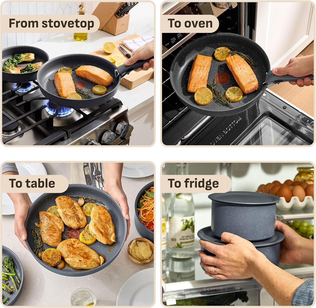 T-fal Ingenio Essentials Cookware Set with Detachable/Removable Handle 11 Piece, Granite Titanium Non Stick, Oven Broiler Safe 500F, Stackable, Pots and Pans Set, Frying Pans, Dishwasher Safe, Gray