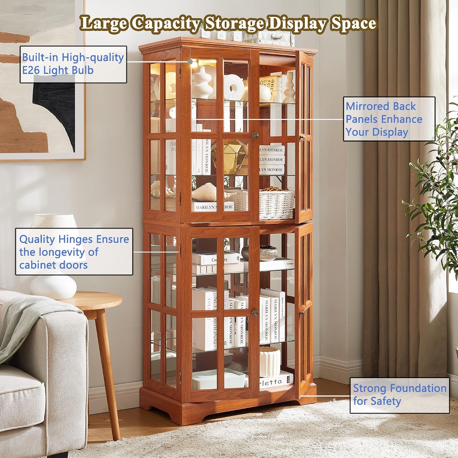 68' H Lighted Curio Display Cabinet Display Case,Wooden Glass Cabinet w/ 4 Adjustable Shelves & Glass Doors, 6 Tier Vintage Accent Storage Case w/Mirrored Back Pane for Home (Dark Oak)