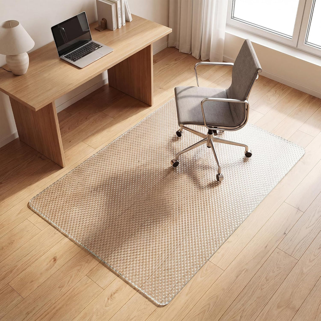 VETROUVE 46' x 55' Glass Chair Mat for Carpet, Single-Sided Textured Heavy Duty Hard Tempered Glass Desk Office Mat with 4 Anti-Slip Pads, 1/5' Thick, Smooth Rolling, Scratch Resistant