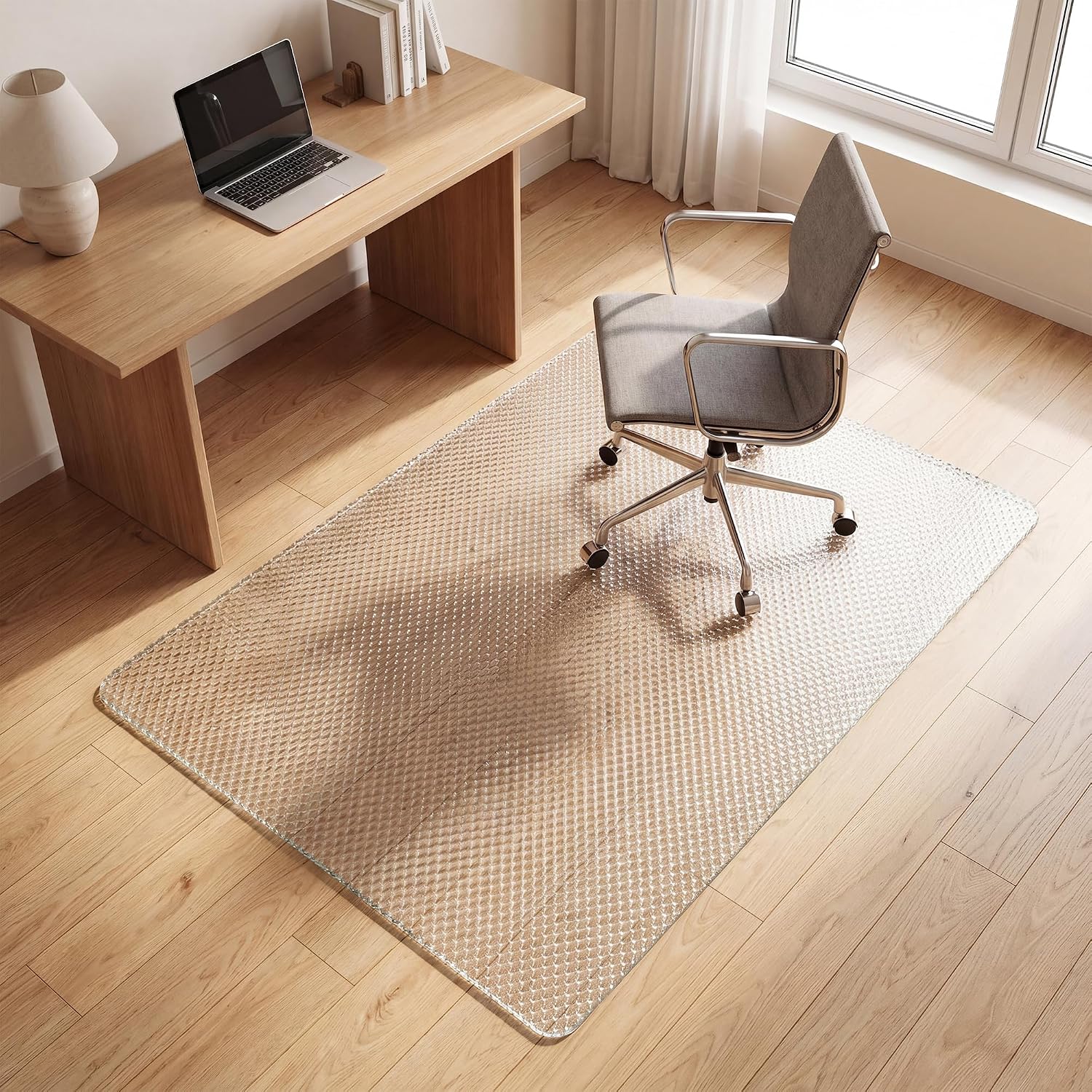 VETROUVE 46' x 55' Glass Chair Mat for Carpet, Single-Sided Textured Heavy Duty Hard Tempered Glass Desk Office Mat with 4 Anti-Slip Pads, 1/5' Thick, Smooth Rolling, Scratch Resistant