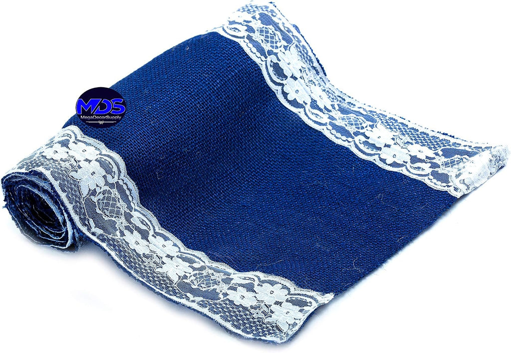 MDS Pack of 15 Wedding 12 x 108 inch Burlap Lace Hessian Table Runner Rustic Royal Blue Jute Country Vintage for Wedding Banquet Decoration – Royal Blue Lace Jute Burlap