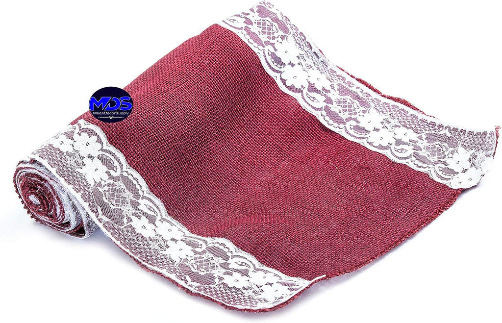 MDS Pack of 15 Wedding 12 x 108 inch Burlap Lace Hessian Table Runner Rustic Maroon Jute Country Vintage for Wedding Banquet Decoration – Maroon Lace Jute Burlap