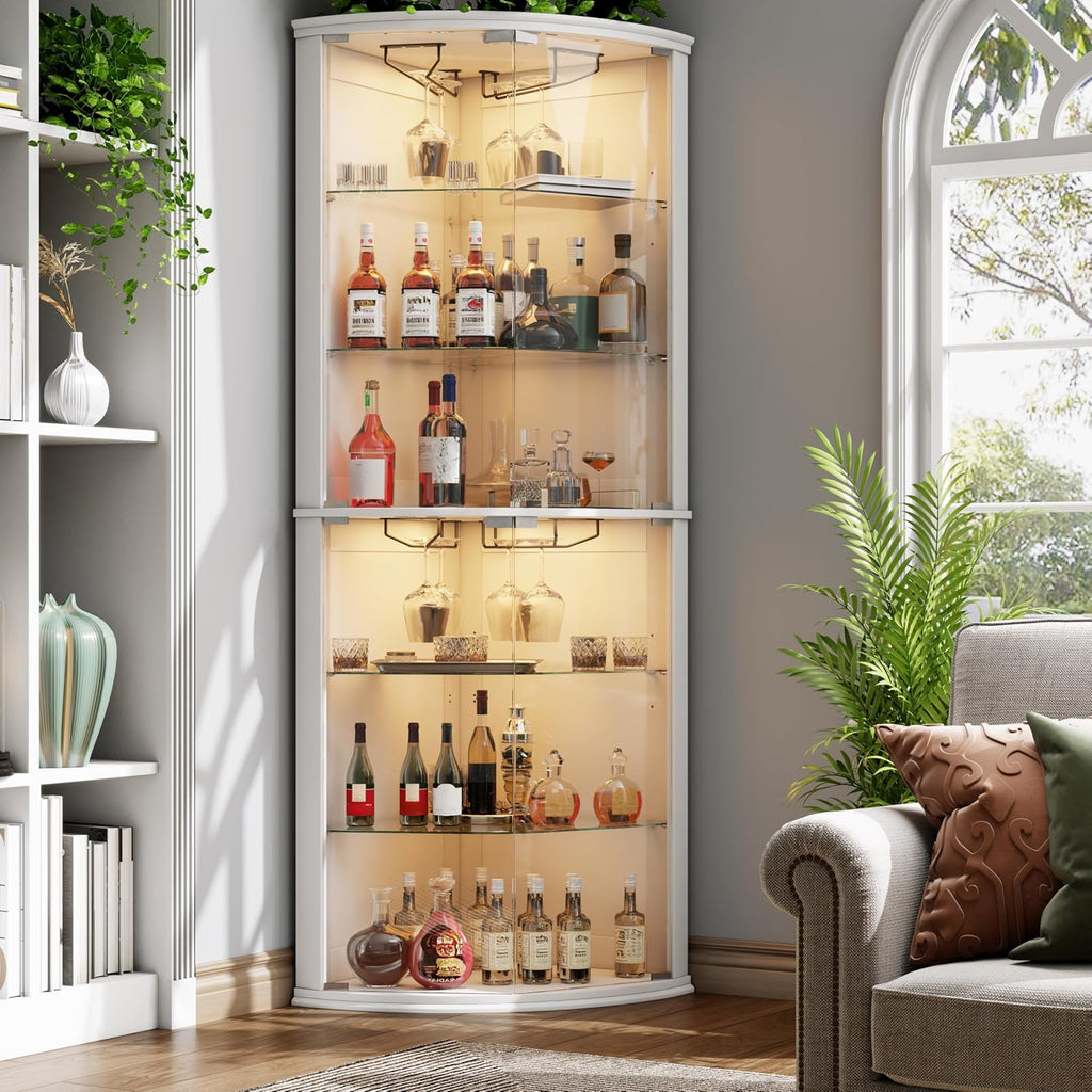 Loomie 70' Corner Bar Cabinet with LED Lights, 6-Tier Modern Wine Cabinet with Glass Door & Glass Holder, Tall Home Bar Liquor Cabinet with Adjustable Shelves for Dining Room, Living Room (White)
