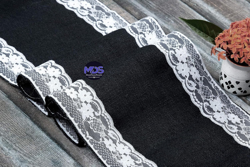 MDS Pack of 20 Wedding 12 x 108 inch Burlap Lace Hessian Table Runner Rustic Black Jute Country Vintage for Wedding Banquet Decoration – Black Lace Jute Burlap