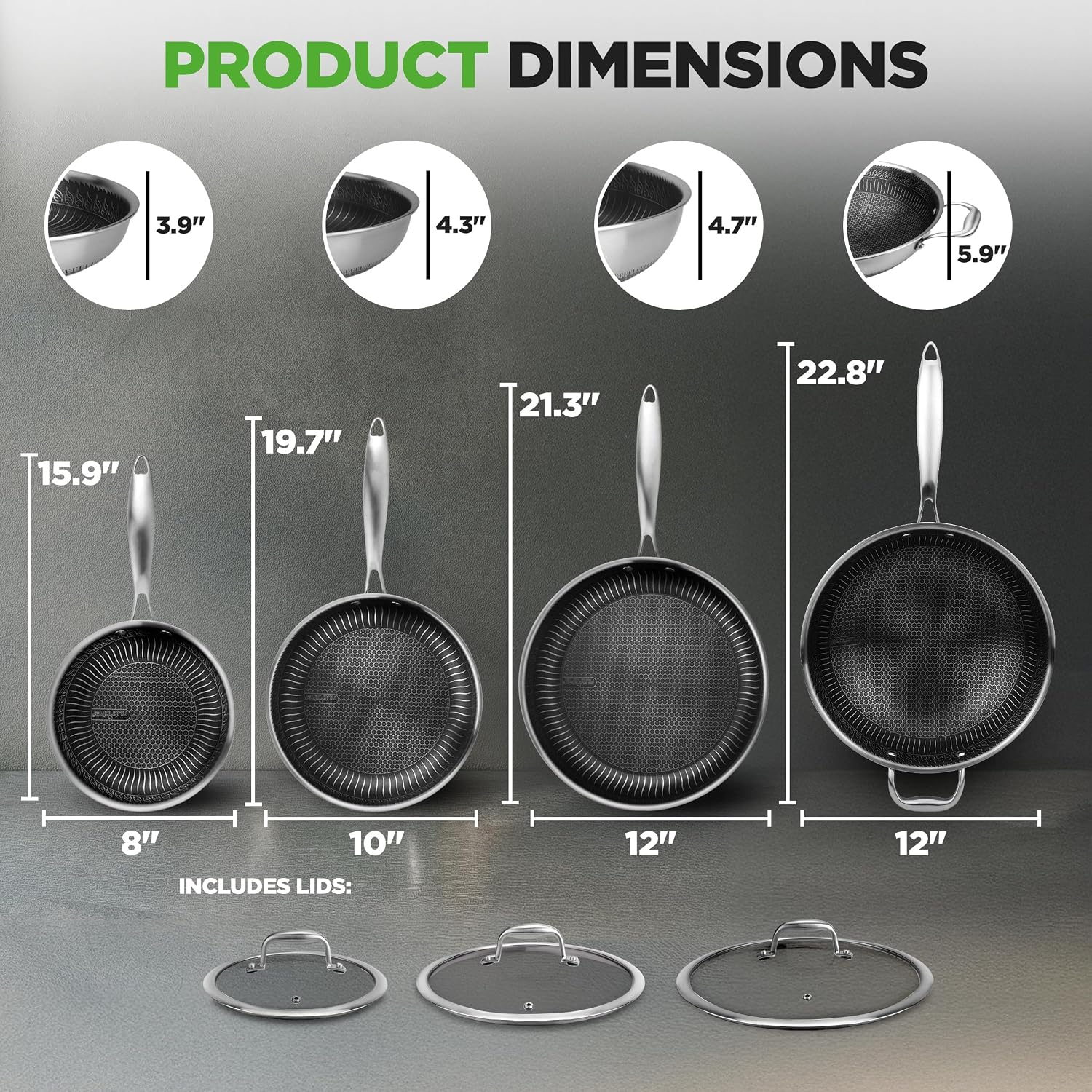 NutriChef 7-Piece Tri-Ply Stainless Steel Frying Pan Set & Wok – Nonstick, Induction Compatible, Oven Safe, Scratch-Resistant, Dishwasher Safe