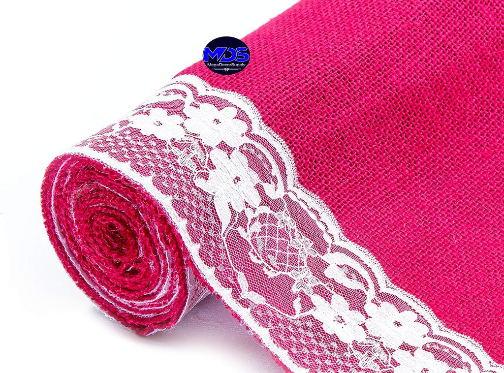 MDS Pack of 15 Wedding 12 x 108 inch Burlap Lace Hessian Table Runner Rustic Magenta Jute Country Vintage for Wedding Banquet Decoration – Magenta Lace Jute Burlap