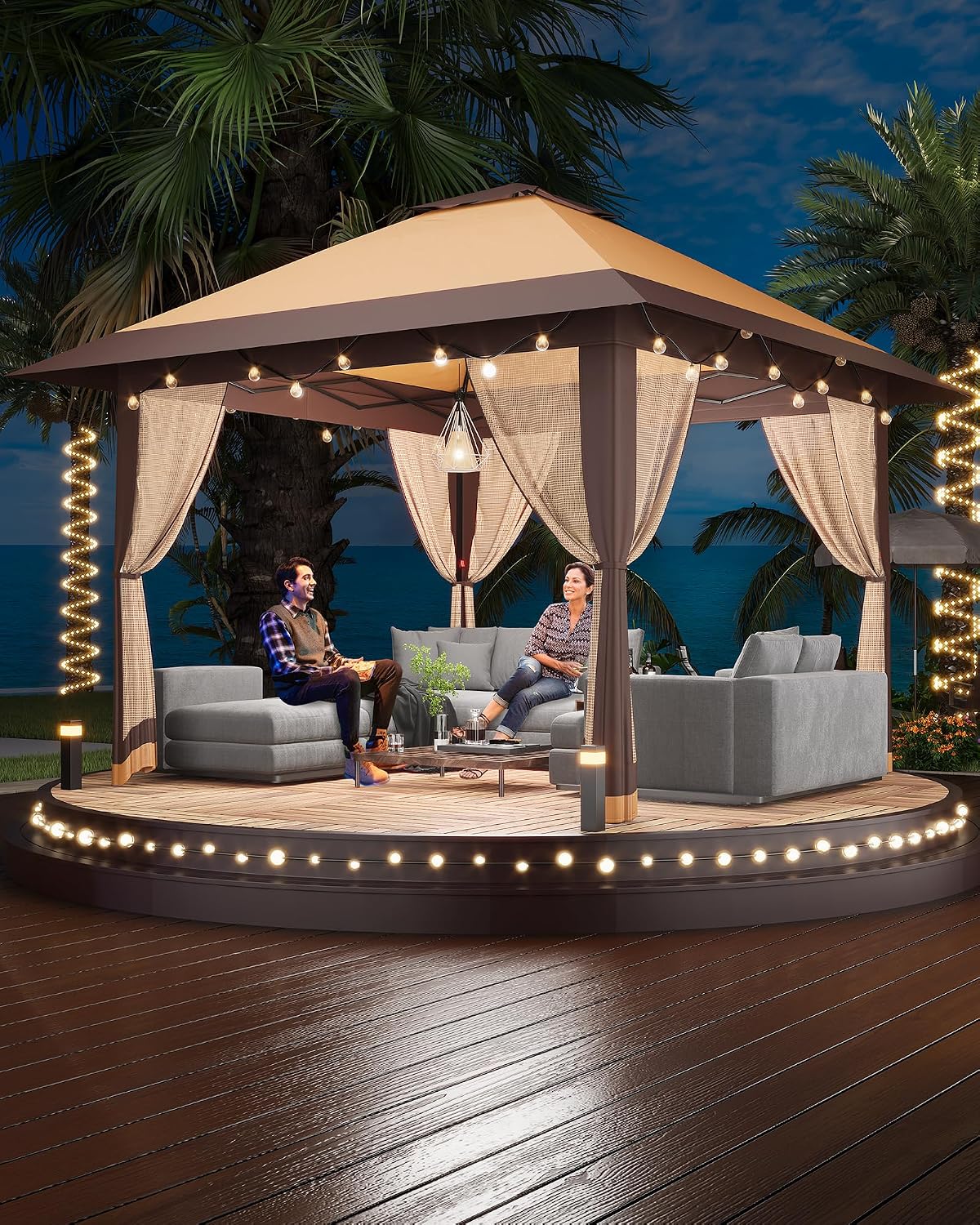 13x13FT Pop-Up Gazebo Canopy Tent - Double Roof, Mosquito Netting, Adjustable Height, UV-Resistant, Heavy Duty, Waterproof, Portable for Patio, Garden, Camping, Party - Khaki + Light Khaki