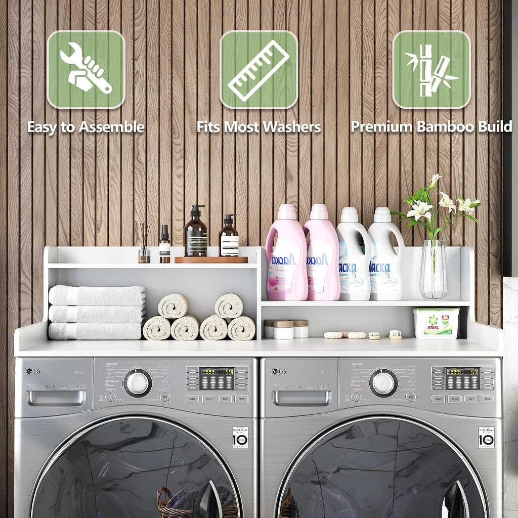 2-Tier Washer and Dryer Countertop w 54' W x 27.5' D Laundry Countertop Cover with Non-Slip Pad,Large Space Laundry Topper for Folding Clothes Over Washer and Dryer (Nature)