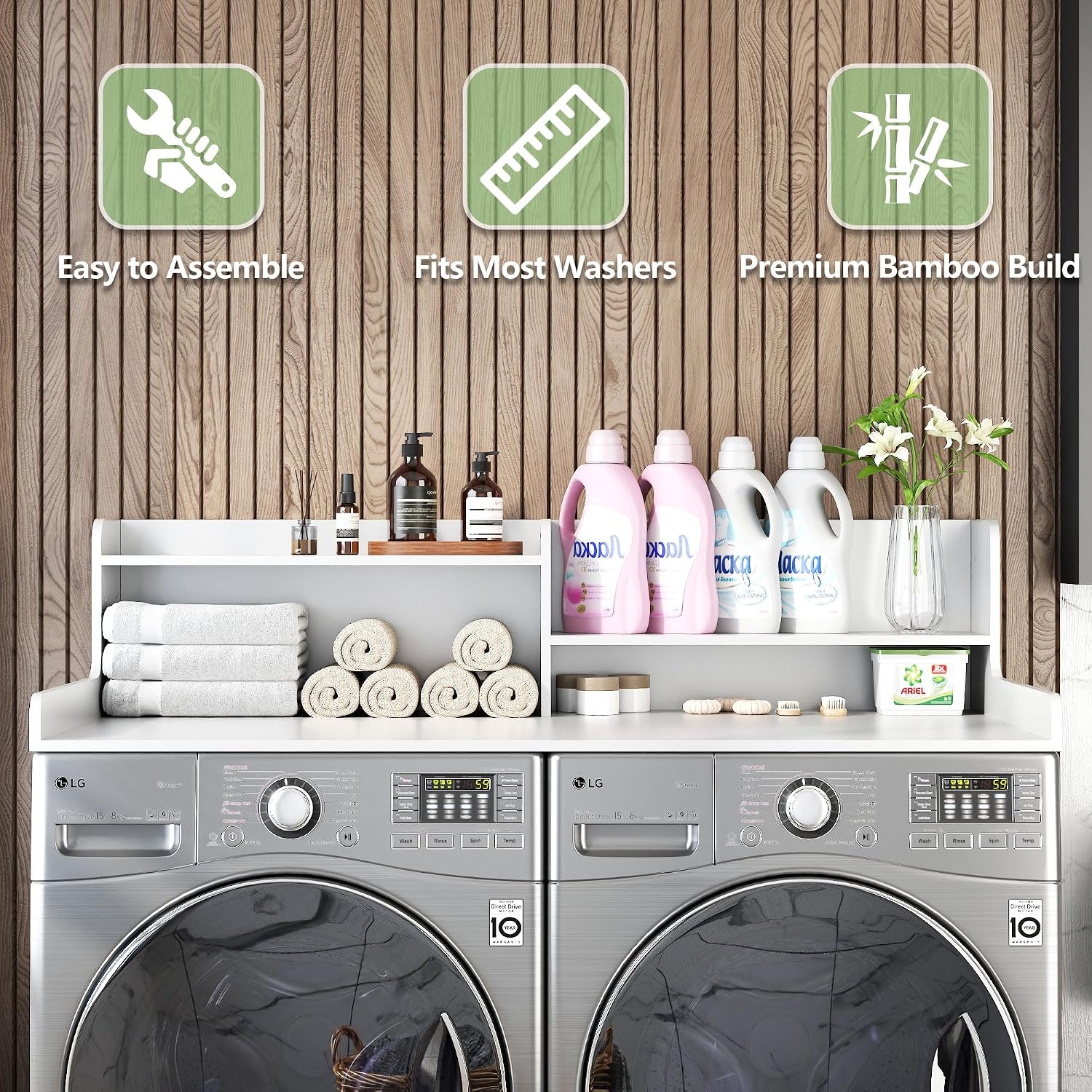 2-Tier Washer and Dryer Countertop w 54' W x 27.5' D Laundry Countertop Cover with Non-Slip Pad,Large Space Laundry Topper for Folding Clothes Over Washer and Dryer (Nature)