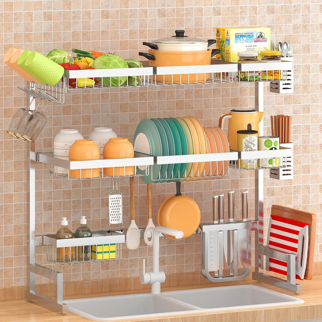 PUSDON Over Sink Dish Drying Rack Stainless Steel, Adjustable Large Dish Drainer for Storage Kitchen Organization Silver 3 Tier - Standard(34'-46')