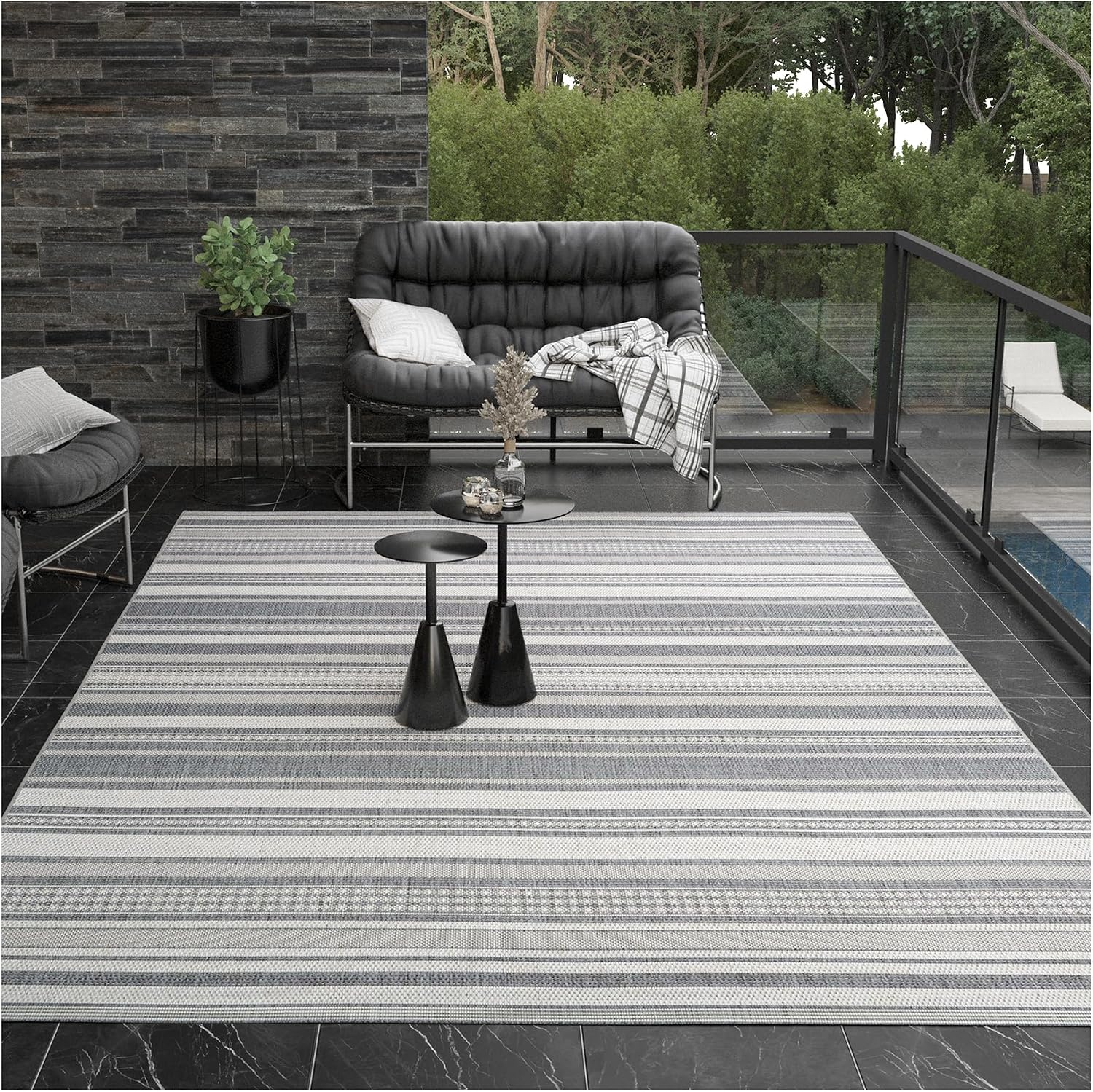 Couristan Recife Indoor Outdoor Rug - Gazebo Stripe 5'3' x 7'6' Rectangle in Ivory and Silver, Low Pile, Hose Washable, Pet- Kid Friendly Home Decor for Living Room, Patio Furniture Set, Kitchen