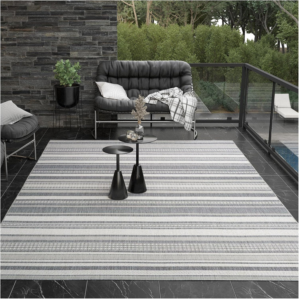 Couristan Recife Indoor Outdoor Rug - Gazebo Stripe 6'2' x 9'2' Rectangle in Ivory and Silver, Low Pile, Hose Washable, Pet- Kid Friendly Home Decor for Living Room, Patio Furniture Set, Kitchen