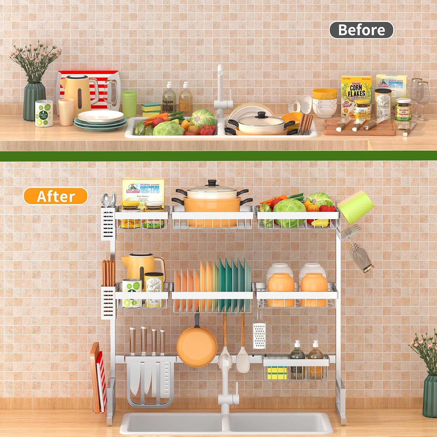 PUSDON Over Sink Dish Drying Rack Stainless Steel, Adjustable Large Dish Drainer for Storage Kitchen Organization Silver 3 Tier - Standard(34'-46')