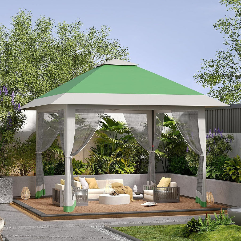 13X13 Pop Up Gazebo,Outdoor Canopy Tent with Mosquito Netting, Double Vented Roof Sun Shelter with Adjustable Heights,Outdoor Gazebo for Backyard & Patio Furniture.(Olive Green + Heather Gray).