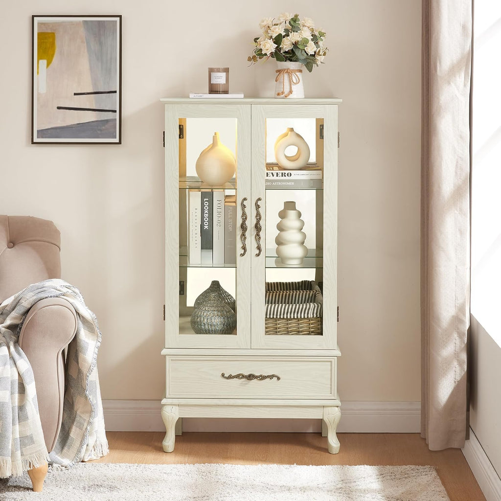 51' H Lighted Curio Cabinet Display Case, Glass Curio Cabinet with Adjustable Shelves,Tempered Glass Door and Drawer, Wooden Cabinets w/Mirrored Back Pane for Living Room (Antique White)