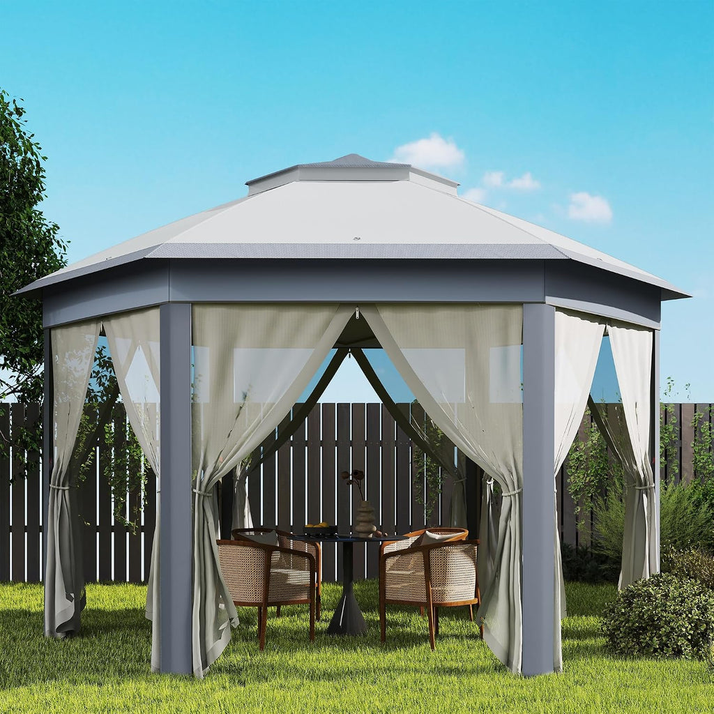 Outsunny 13' x 13' Pop Up Gazebo, Hexagonal Canopy Shelter with 6 Zippered Mesh Netting, Event Tent with Strong Steel Frame for Patio Backyard Garden Wedding Party, Gray