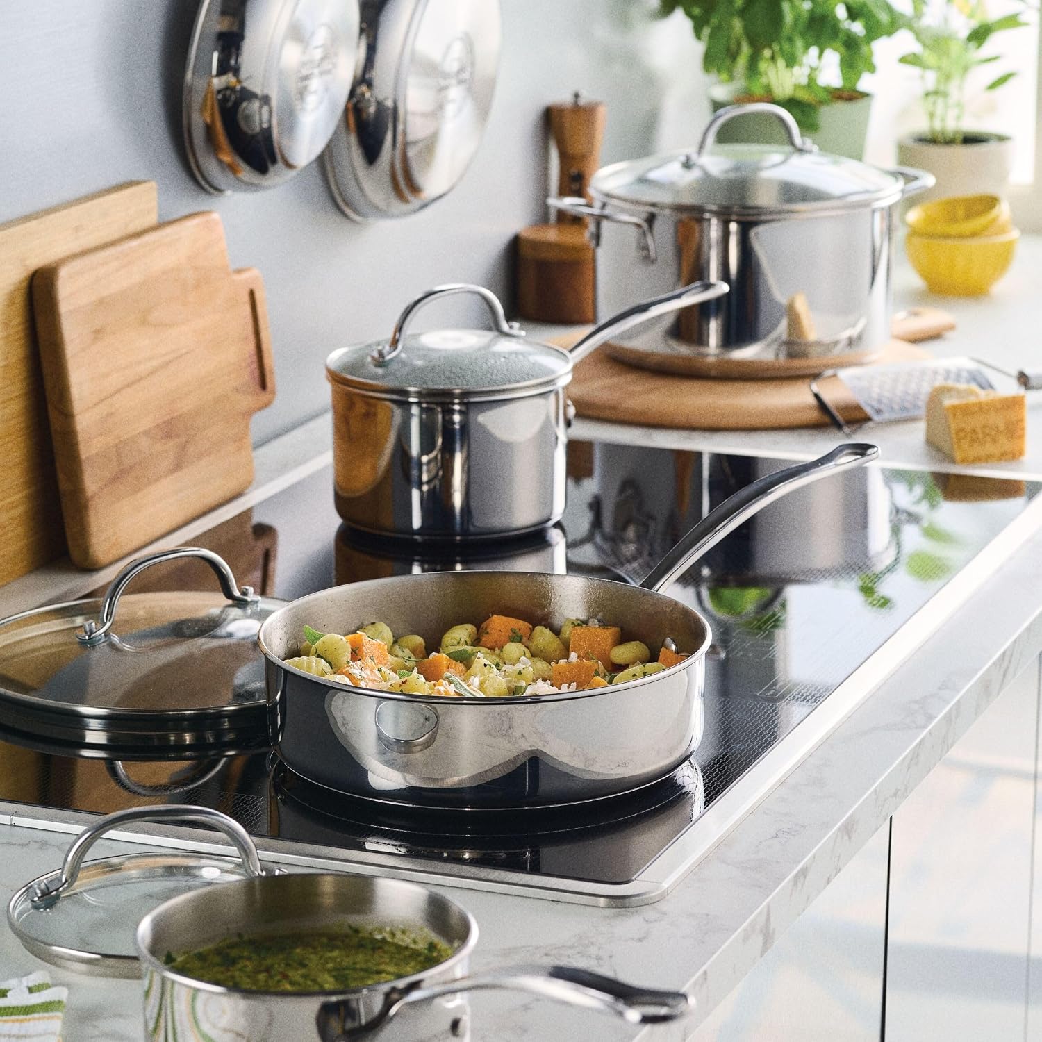 Farberware Millennium Stainless Steel Pots and Pans with Lids, Induction Ready, Compatible with All Cooktops, Metal Utensil Safe, 10 Piece Cookware Set, Dishwasher Safe - Stainless Steel