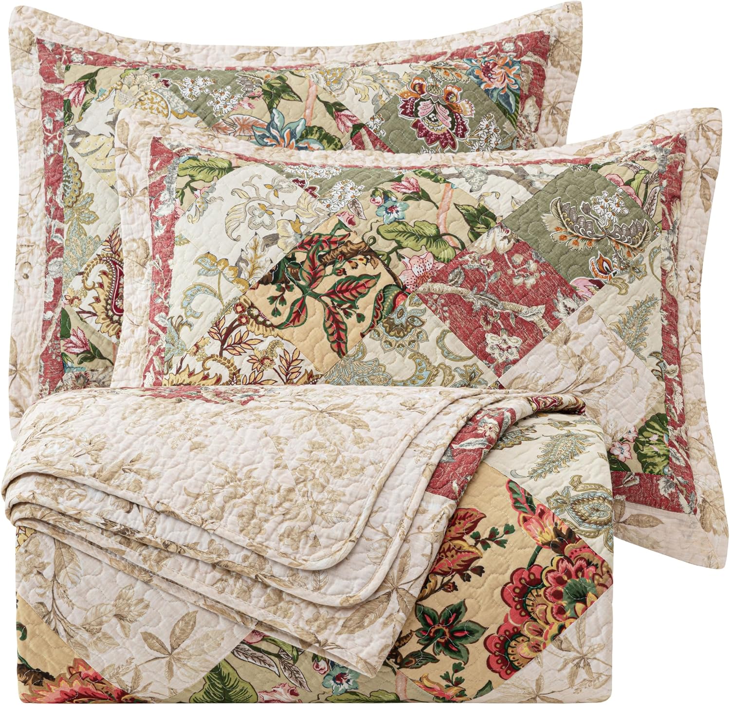 Chezmoi Collection Lunaria 3-Piece Washed Patchwork Cotton Quilt Set - Soft Lightweight Breathable Reversible Floral Quilted Bedspread for All Seasons. King Size