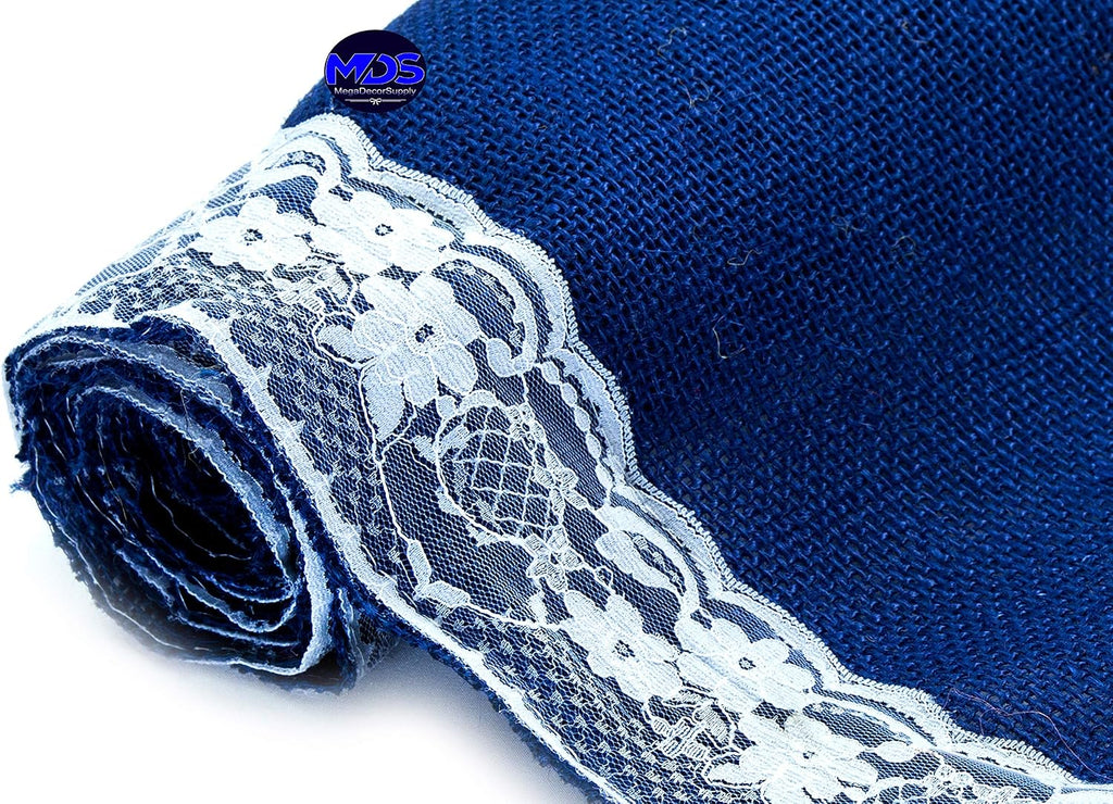 MDS Pack of 15 Wedding 12 x 108 inch Burlap Lace Hessian Table Runner Rustic Royal Blue Jute Country Vintage for Wedding Banquet Decoration – Royal Blue Lace Jute Burlap