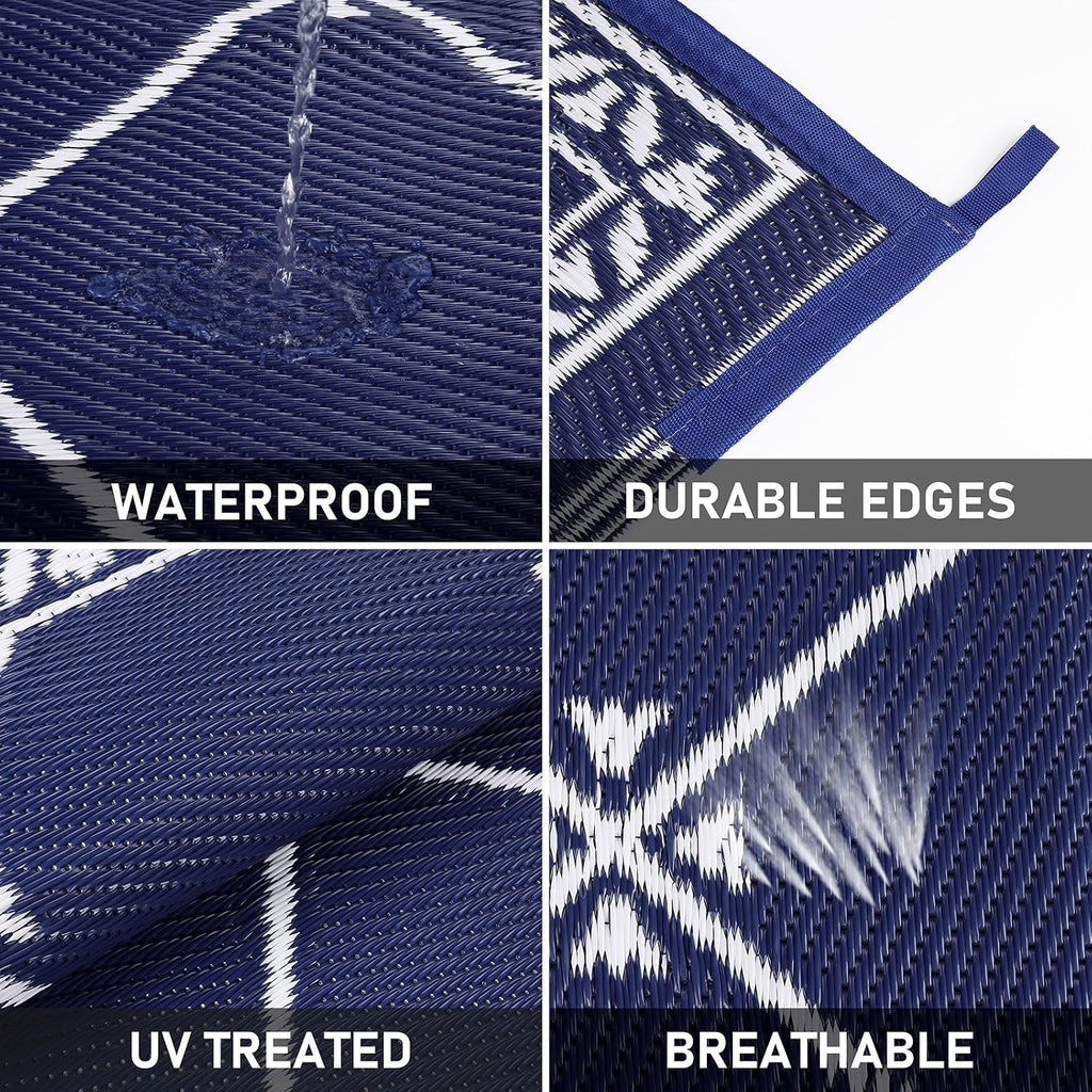 Outdoor Rug 10'x14' for Patios Waterproof Patio Rugs Outdoor Mats for Front Porch,Beach Mat,Reversible Plastic Straw Camping Rugs for Outside RV,Deck,Balcony,Backyard Navy Blue