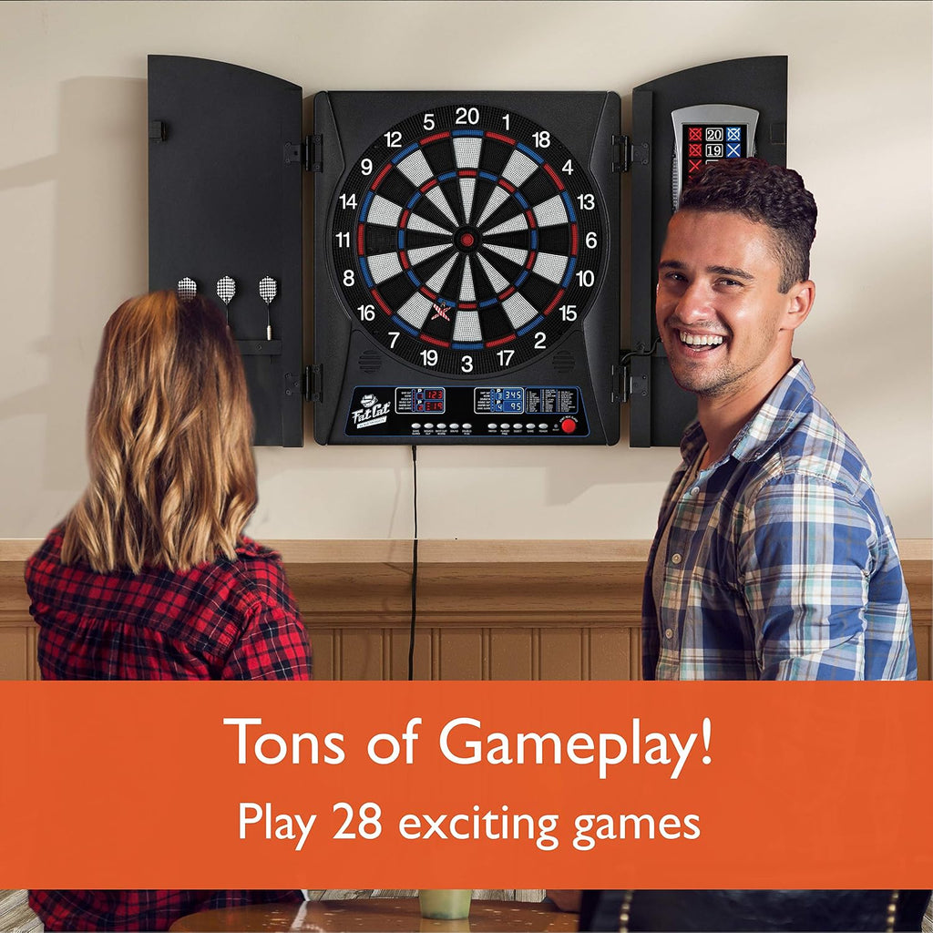 Fat Cat Mercury Electronic Soft Tip Dartboard with Cabinet, 13.5 in Target, 28 Games, 6 Darts Included, Black