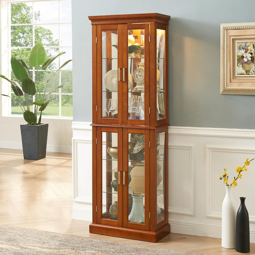 Ball & Cast Lighted Curio Cabinet,6-Tier Glass Display Cabinet with Adjustable Glass Shelves and Mirrored Back Panel for Living Room,E26 Light Blub not Included,Walnut