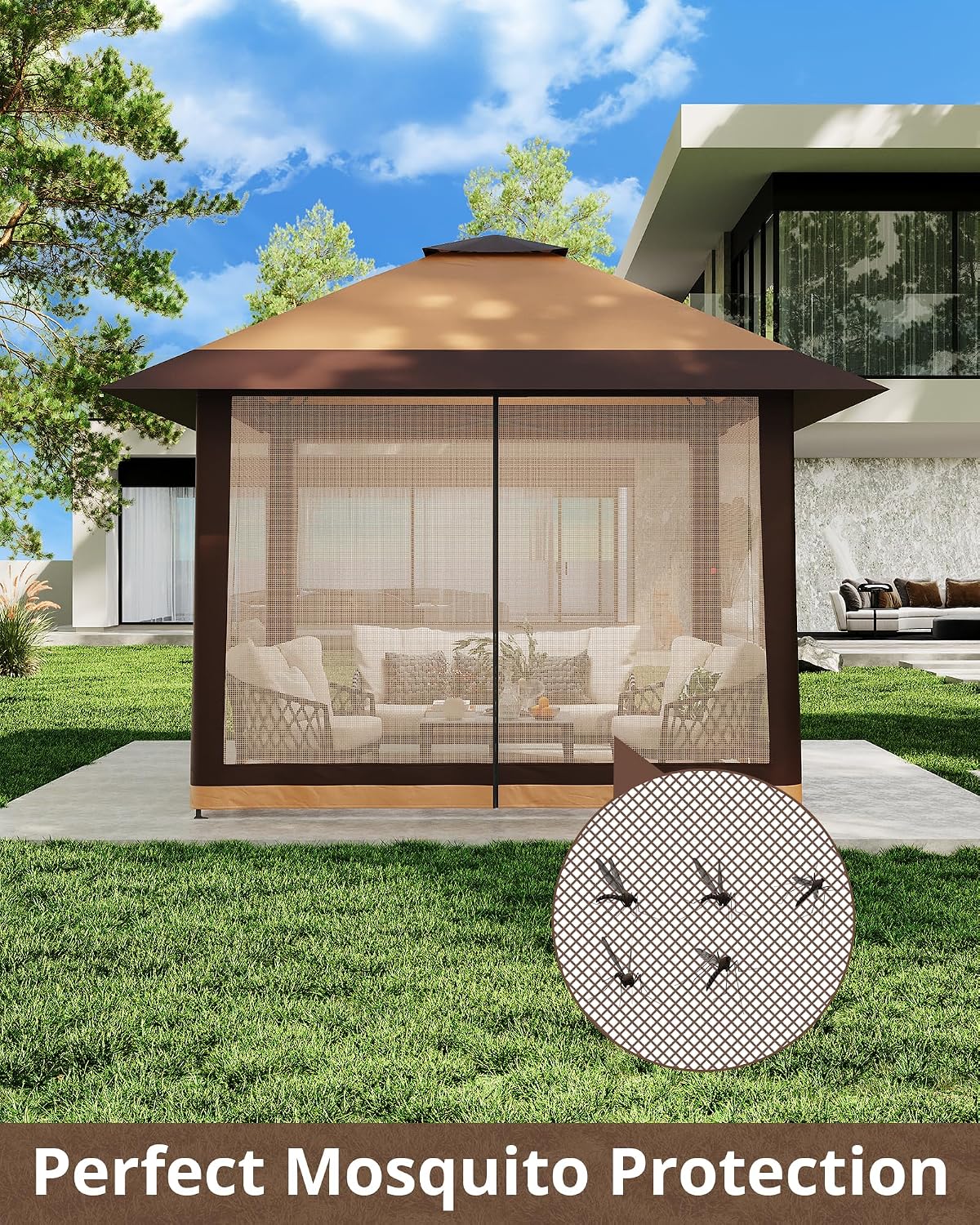 13x13FT Pop-Up Gazebo Canopy Tent - Double Roof, Mosquito Netting, Adjustable Height, UV-Resistant, Heavy Duty, Waterproof, Portable for Patio, Garden, Camping, Party - Khaki + Light Khaki
