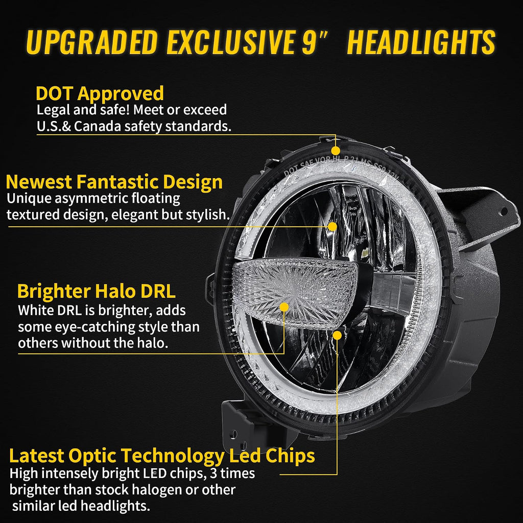 RAMJET4X4 DOT 9 Inch LED Headlights Headlamps Assembly Compatible with 2018-2025 Wrangler JL JLU Gladiator JT, Hi/Lo Beam with DRL